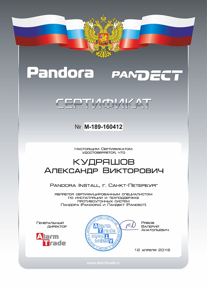 Сертификат специалиста Pandora и Pandect - Александр Кудряшов