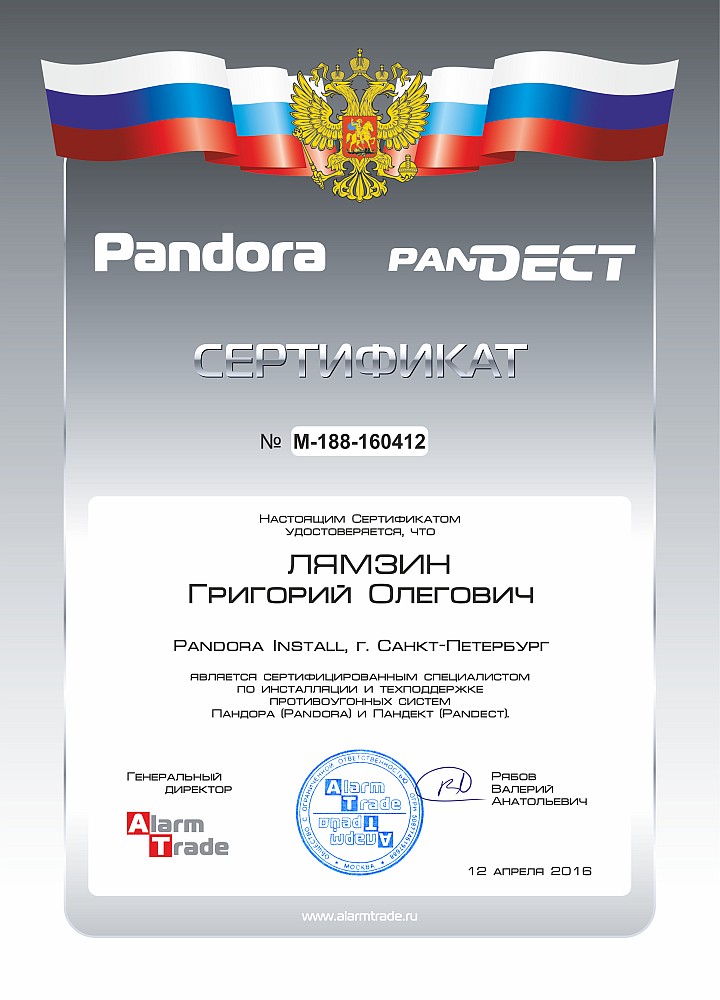 Сертификат специалиста Pandora и Pandect - Григорий Лямзин